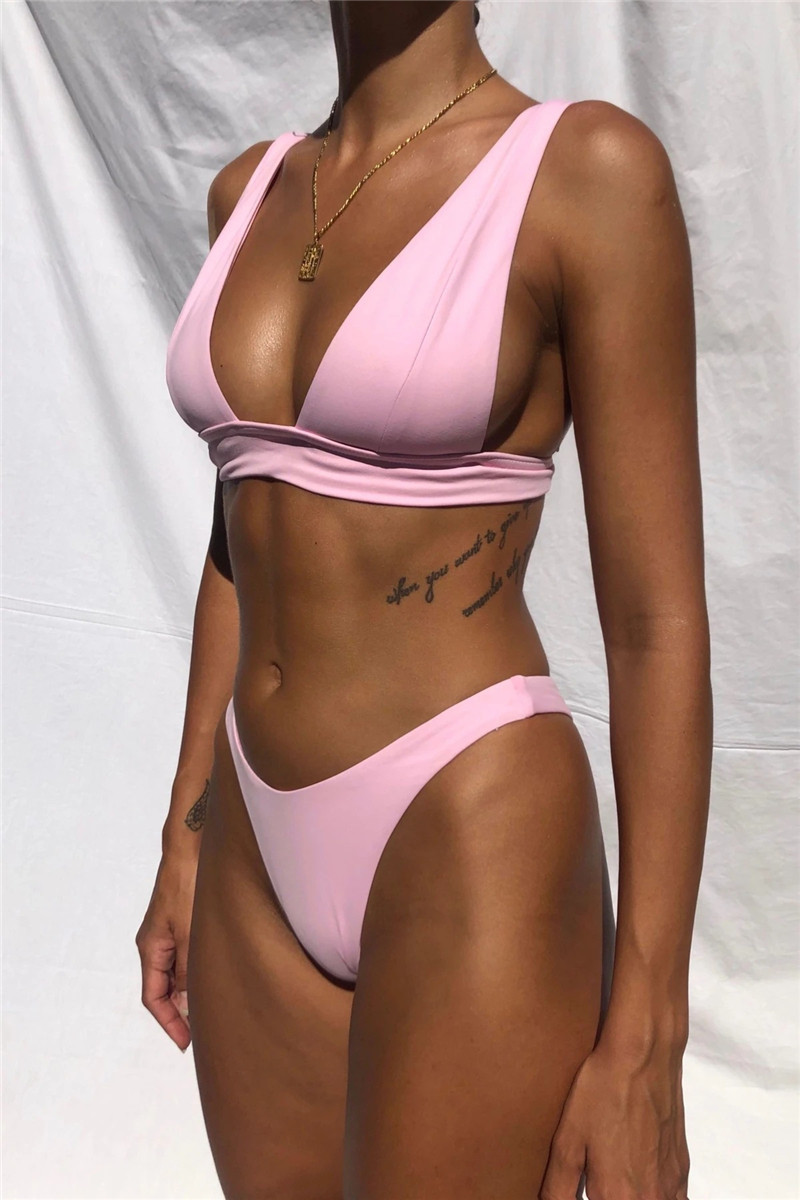 Sexy Women Bikini 2021 Summer Deep V Solid Push Up Micro Swimsuit Beach High Waist Two Piece Brazilian Swimwear Bathing Suit